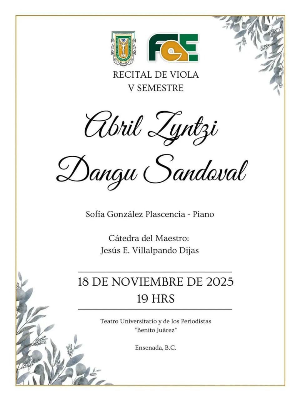 Recital de viola del 5to Semestre de la Lic. en Música de UABC Ensenada